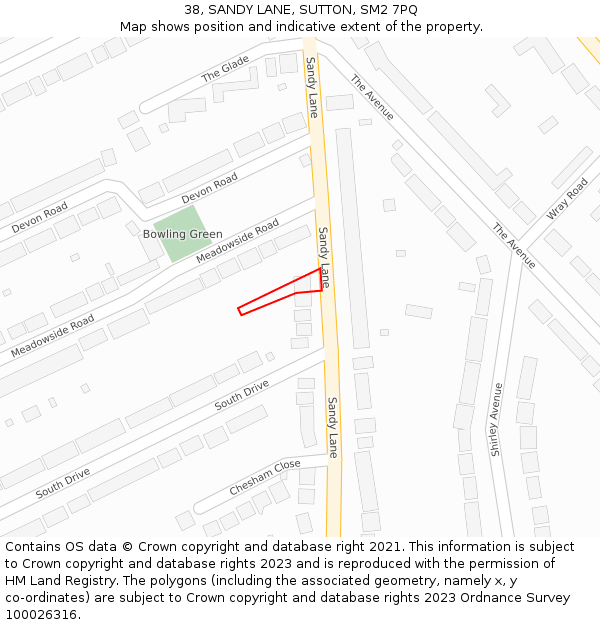 38, SANDY LANE, SUTTON, SM2 7PQ: Location map and indicative extent of plot