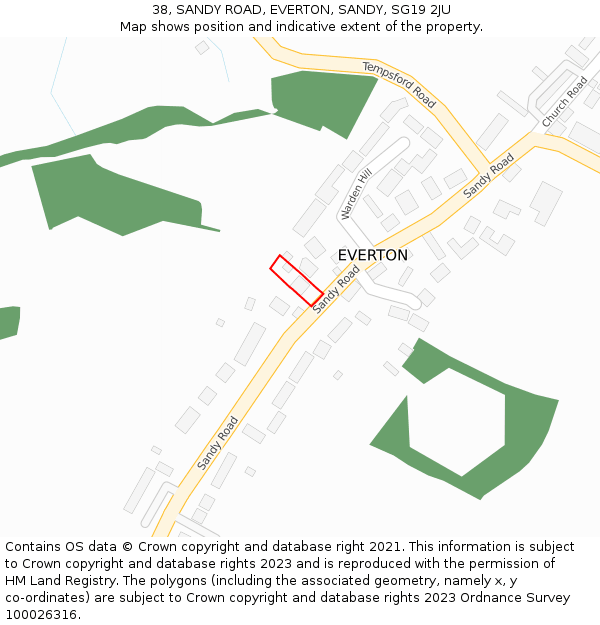 38, SANDY ROAD, EVERTON, SANDY, SG19 2JU: Location map and indicative extent of plot