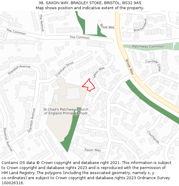 38, SAXON WAY, BRADLEY STOKE, BRISTOL, BS32 9AS: Location map and indicative extent of plot