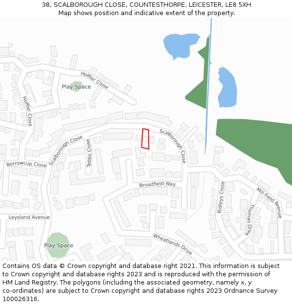 38, SCALBOROUGH CLOSE, COUNTESTHORPE, LEICESTER, LE8 5XH: Location map and indicative extent of plot