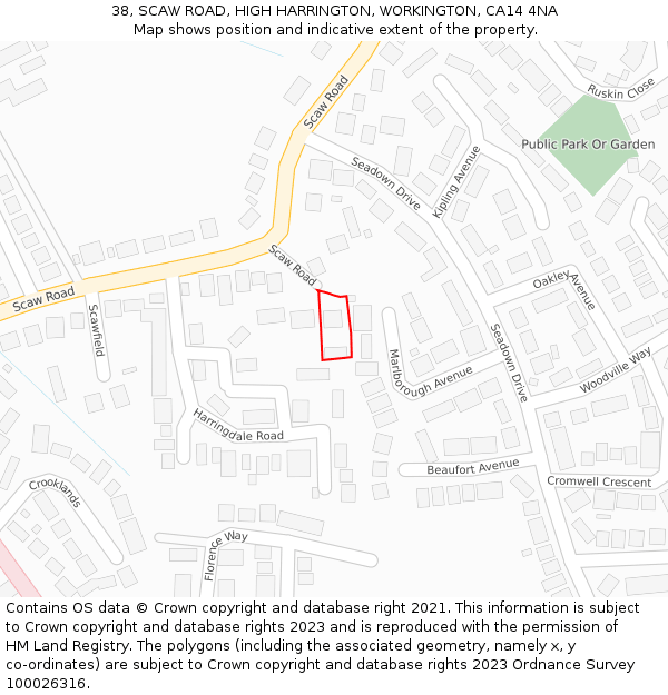 38, SCAW ROAD, HIGH HARRINGTON, WORKINGTON, CA14 4NA: Location map and indicative extent of plot