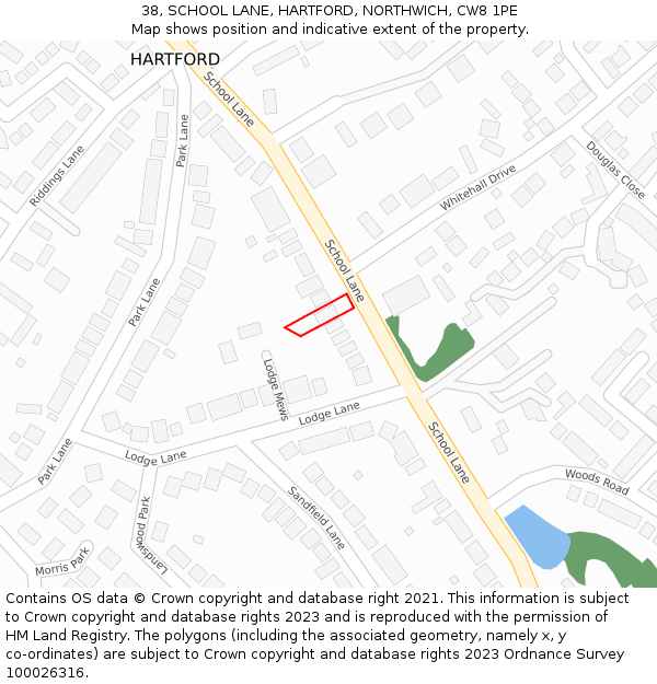 38, SCHOOL LANE, HARTFORD, NORTHWICH, CW8 1PE: Location map and indicative extent of plot