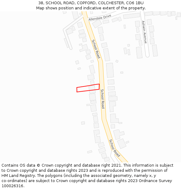 38, SCHOOL ROAD, COPFORD, COLCHESTER, CO6 1BU: Location map and indicative extent of plot