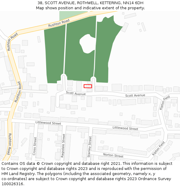 38, SCOTT AVENUE, ROTHWELL, KETTERING, NN14 6DH: Location map and indicative extent of plot