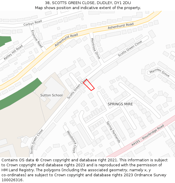 38, SCOTTS GREEN CLOSE, DUDLEY, DY1 2DU: Location map and indicative extent of plot