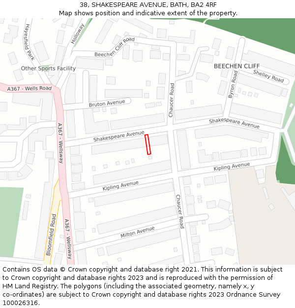 38, SHAKESPEARE AVENUE, BATH, BA2 4RF: Location map and indicative extent of plot