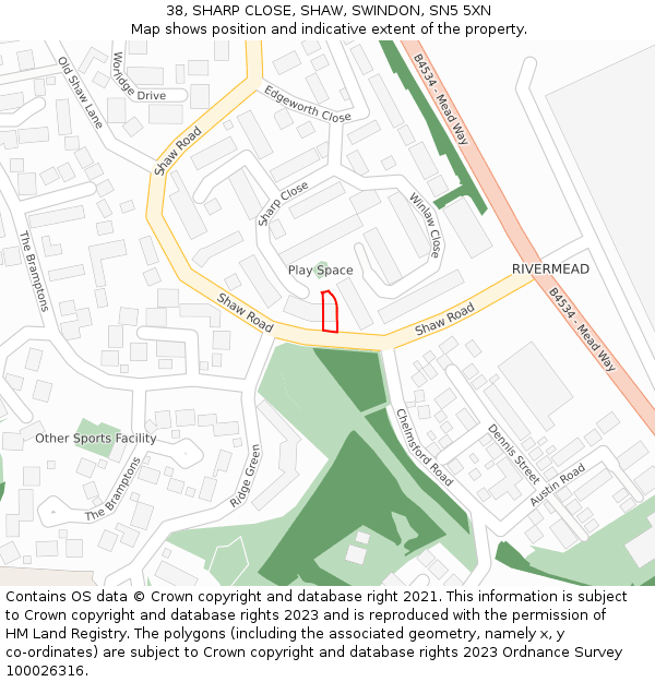 38, SHARP CLOSE, SHAW, SWINDON, SN5 5XN: Location map and indicative extent of plot