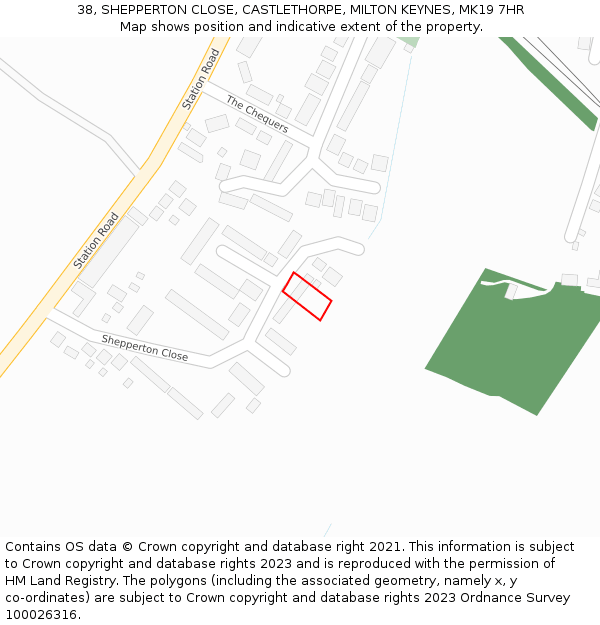 38, SHEPPERTON CLOSE, CASTLETHORPE, MILTON KEYNES, MK19 7HR: Location map and indicative extent of plot