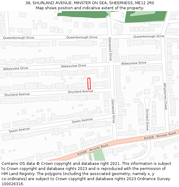 38, SHURLAND AVENUE, MINSTER ON SEA, SHEERNESS, ME12 2RS: Location map and indicative extent of plot