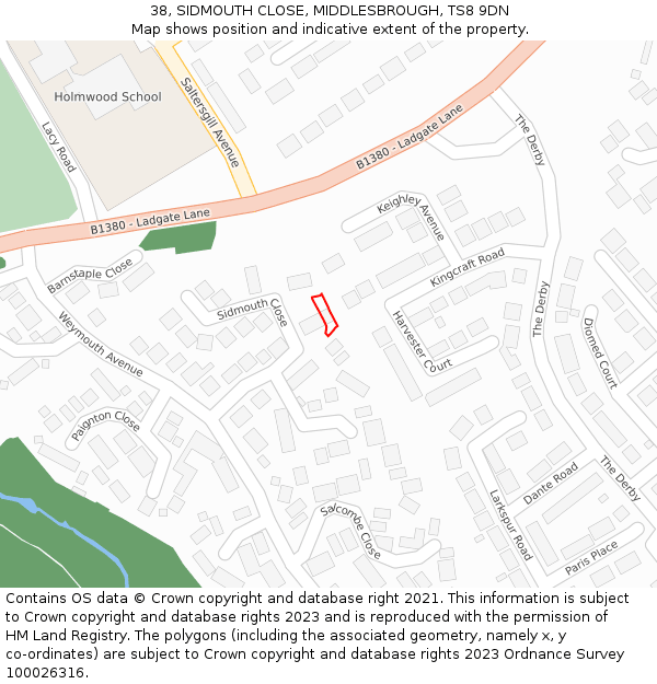 38, SIDMOUTH CLOSE, MIDDLESBROUGH, TS8 9DN: Location map and indicative extent of plot