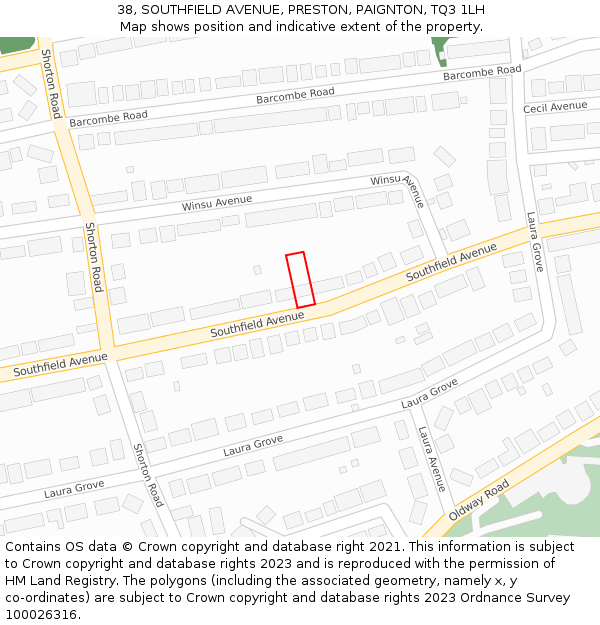 38, SOUTHFIELD AVENUE, PRESTON, PAIGNTON, TQ3 1LH: Location map and indicative extent of plot