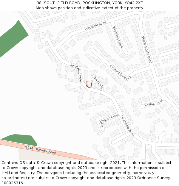 38, SOUTHFIELD ROAD, POCKLINGTON, YORK, YO42 2XE: Location map and indicative extent of plot