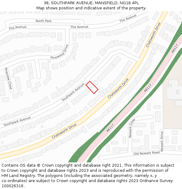 38, SOUTHPARK AVENUE, MANSFIELD, NG18 4PL: Location map and indicative extent of plot