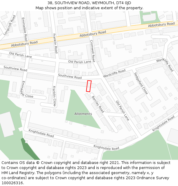 38, SOUTHVIEW ROAD, WEYMOUTH, DT4 0JD: Location map and indicative extent of plot