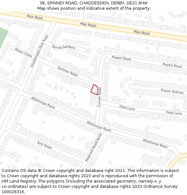 38, SPINNEY ROAD, CHADDESDEN, DERBY, DE21 6HW: Location map and indicative extent of plot