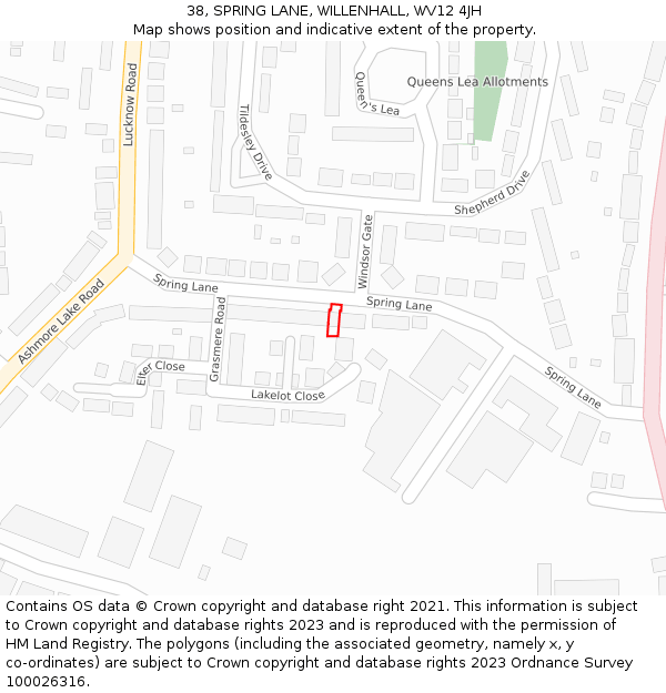 38, SPRING LANE, WILLENHALL, WV12 4JH: Location map and indicative extent of plot