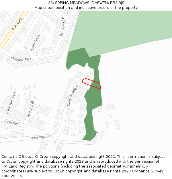 38, SPRING MEADOWS, DARWEN, BB3 3JS: Location map and indicative extent of plot