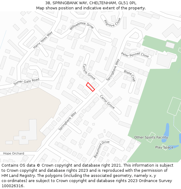 38, SPRINGBANK WAY, CHELTENHAM, GL51 0PL: Location map and indicative extent of plot