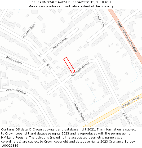 38, SPRINGDALE AVENUE, BROADSTONE, BH18 9EU: Location map and indicative extent of plot