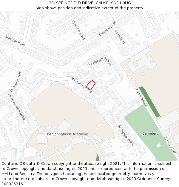 38, SPRINGFIELD DRIVE, CALNE, SN11 0UG: Location map and indicative extent of plot