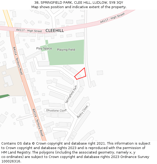 38, SPRINGFIELD PARK, CLEE HILL, LUDLOW, SY8 3QY: Location map and indicative extent of plot