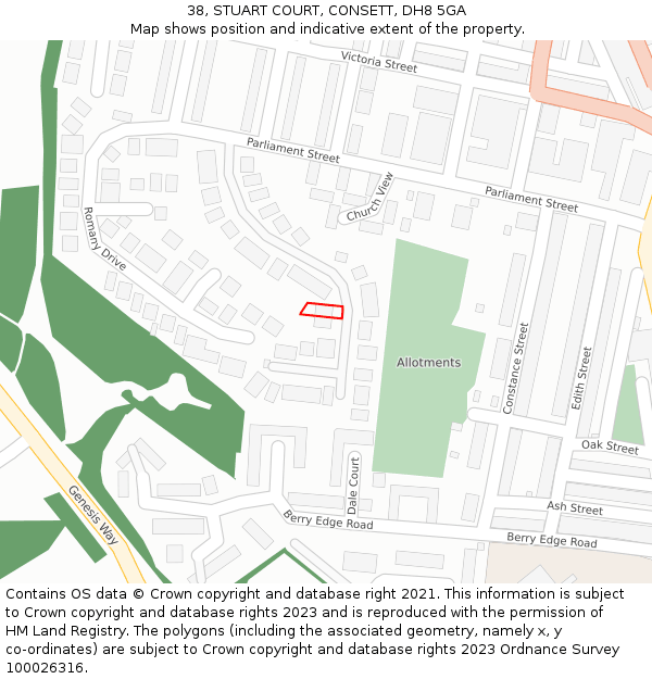 38, STUART COURT, CONSETT, DH8 5GA: Location map and indicative extent of plot
