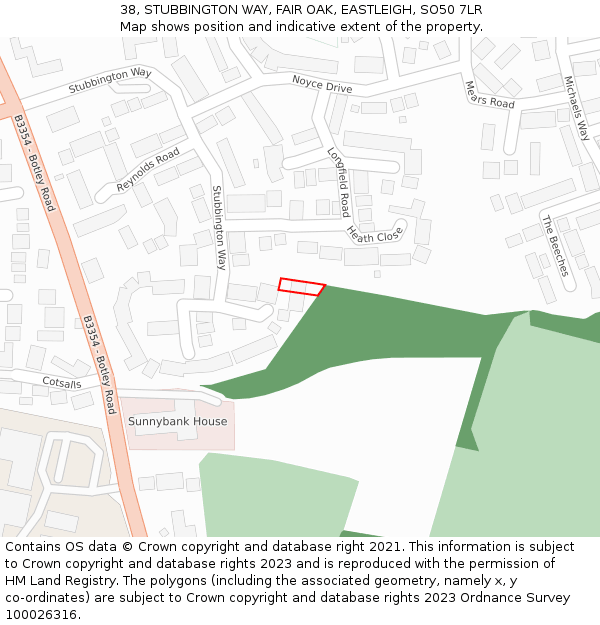 38, STUBBINGTON WAY, FAIR OAK, EASTLEIGH, SO50 7LR: Location map and indicative extent of plot