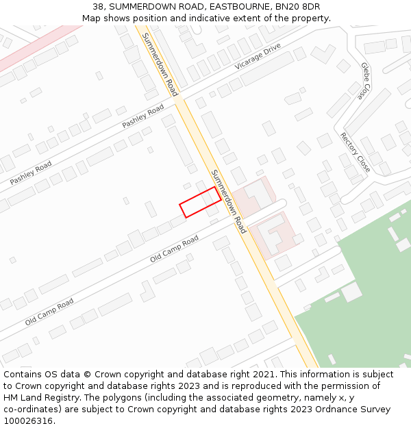 38, SUMMERDOWN ROAD, EASTBOURNE, BN20 8DR: Location map and indicative extent of plot