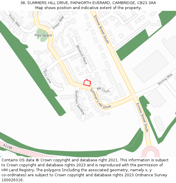 38, SUMMERS HILL DRIVE, PAPWORTH EVERARD, CAMBRIDGE, CB23 3AA: Location map and indicative extent of plot