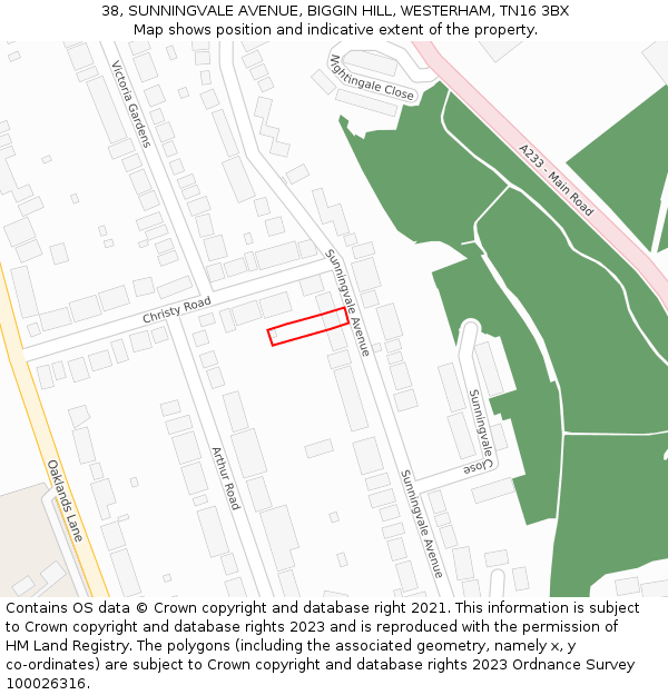 38, SUNNINGVALE AVENUE, BIGGIN HILL, WESTERHAM, TN16 3BX: Location map and indicative extent of plot