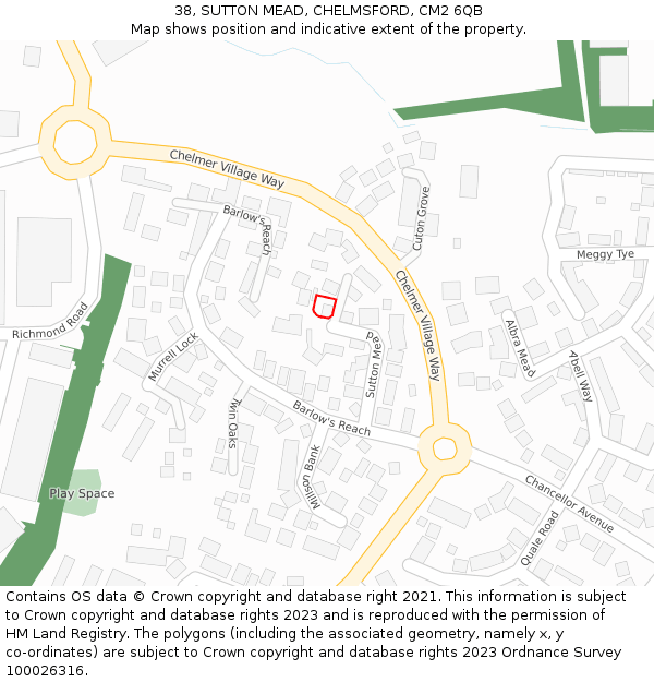 38, SUTTON MEAD, CHELMSFORD, CM2 6QB: Location map and indicative extent of plot