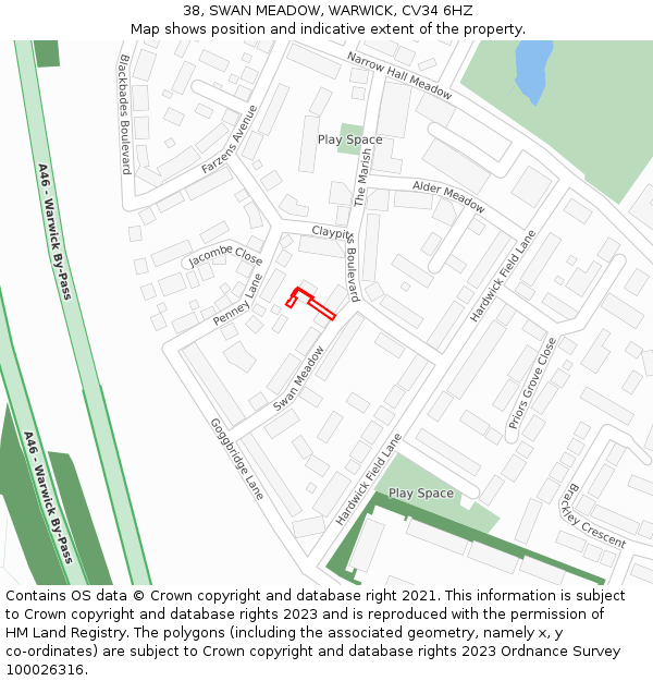 38, SWAN MEADOW, WARWICK, CV34 6HZ: Location map and indicative extent of plot