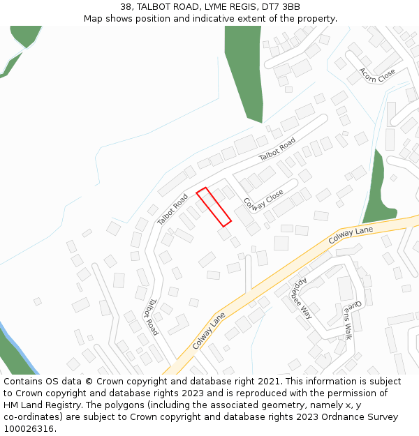 38, TALBOT ROAD, LYME REGIS, DT7 3BB: Location map and indicative extent of plot