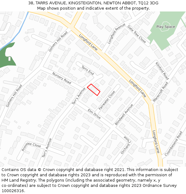 38, TARRS AVENUE, KINGSTEIGNTON, NEWTON ABBOT, TQ12 3DG: Location map and indicative extent of plot