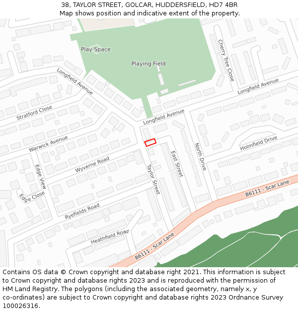 38, TAYLOR STREET, GOLCAR, HUDDERSFIELD, HD7 4BR: Location map and indicative extent of plot