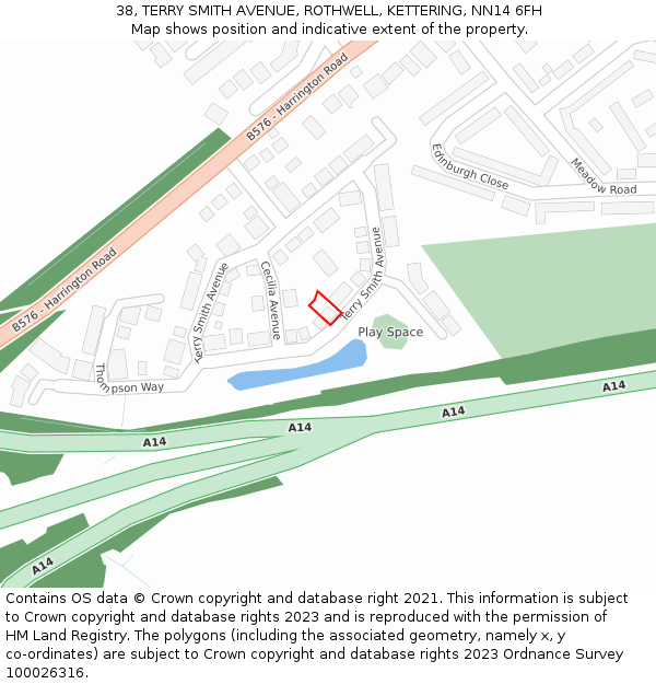 38, TERRY SMITH AVENUE, ROTHWELL, KETTERING, NN14 6FH: Location map and indicative extent of plot