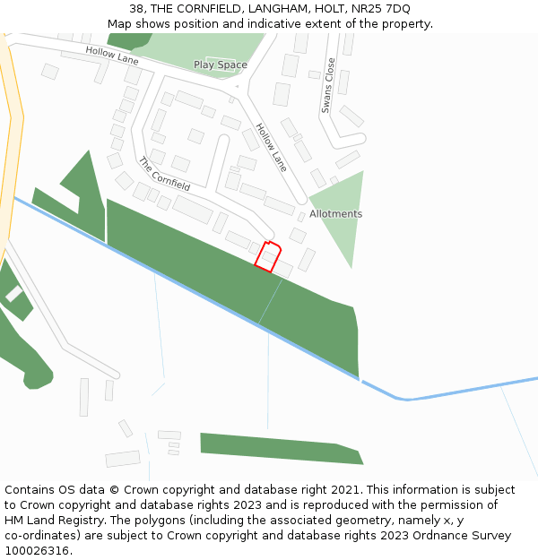 38, THE CORNFIELD, LANGHAM, HOLT, NR25 7DQ: Location map and indicative extent of plot