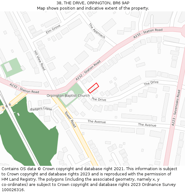 38, THE DRIVE, ORPINGTON, BR6 9AP: Location map and indicative extent of plot