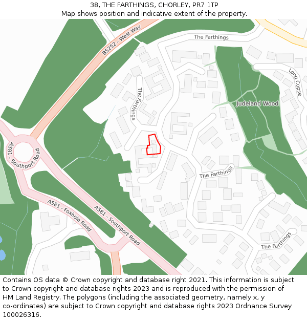 38, THE FARTHINGS, CHORLEY, PR7 1TP: Location map and indicative extent of plot