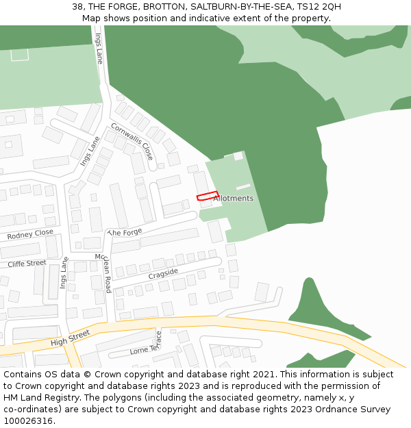 38, THE FORGE, BROTTON, SALTBURN-BY-THE-SEA, TS12 2QH: Location map and indicative extent of plot