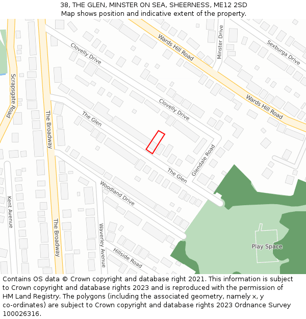 38, THE GLEN, MINSTER ON SEA, SHEERNESS, ME12 2SD: Location map and indicative extent of plot