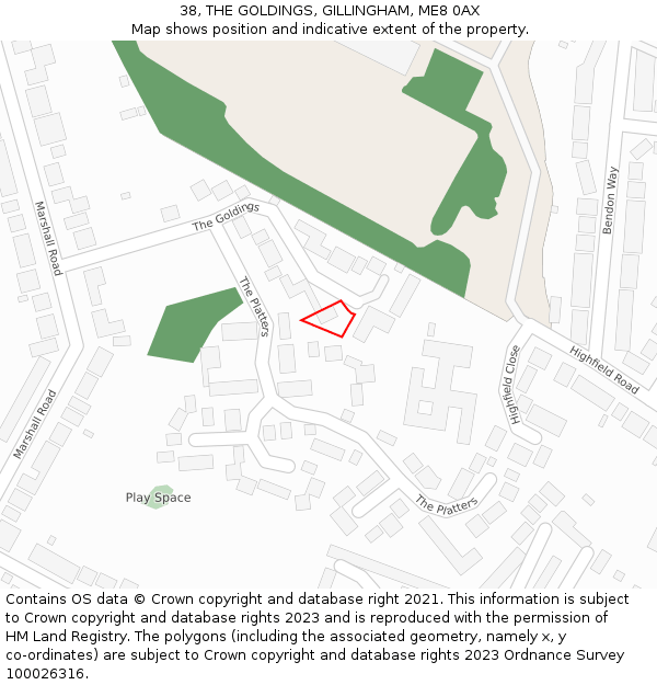 38, THE GOLDINGS, GILLINGHAM, ME8 0AX: Location map and indicative extent of plot