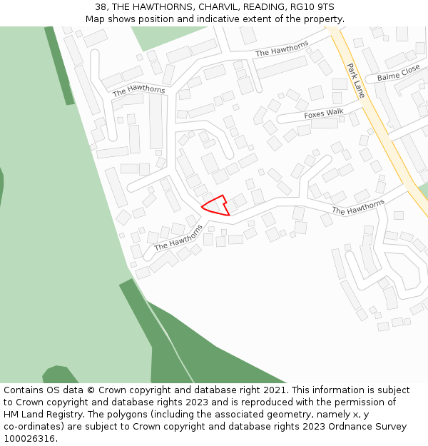 38, THE HAWTHORNS, CHARVIL, READING, RG10 9TS: Location map and indicative extent of plot