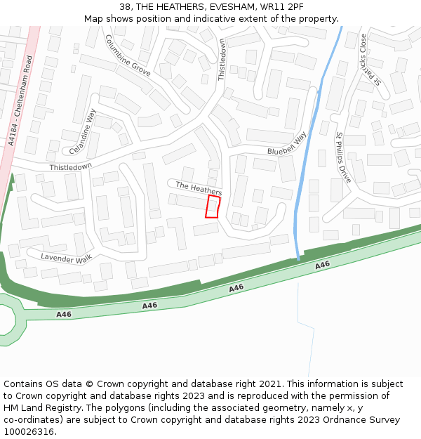 38, THE HEATHERS, EVESHAM, WR11 2PF: Location map and indicative extent of plot