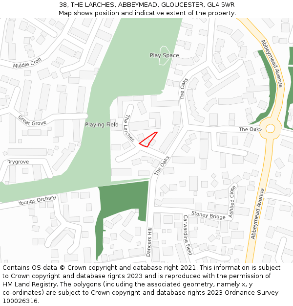38, THE LARCHES, ABBEYMEAD, GLOUCESTER, GL4 5WR: Location map and indicative extent of plot