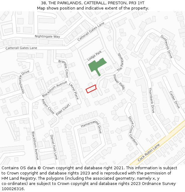 38, THE PARKLANDS, CATTERALL, PRESTON, PR3 1YT: Location map and indicative extent of plot
