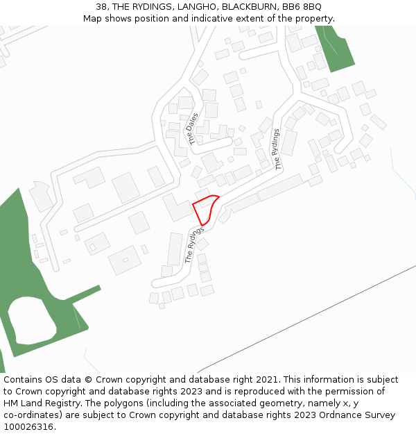 38, THE RYDINGS, LANGHO, BLACKBURN, BB6 8BQ: Location map and indicative extent of plot