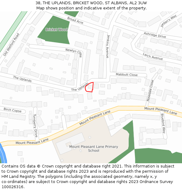 38, THE UPLANDS, BRICKET WOOD, ST ALBANS, AL2 3UW: Location map and indicative extent of plot