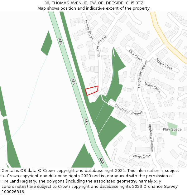 38, THOMAS AVENUE, EWLOE, DEESIDE, CH5 3TZ: Location map and indicative extent of plot