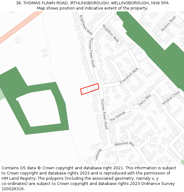 38, THOMAS FLAWN ROAD, IRTHLINGBOROUGH, WELLINGBOROUGH, NN9 5PA: Location map and indicative extent of plot